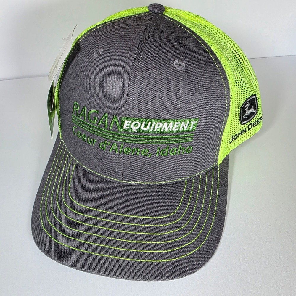 John Deere Ragan Equipment Coeur d'Alene Idaho Trucker Hat Snapback Grey Neon